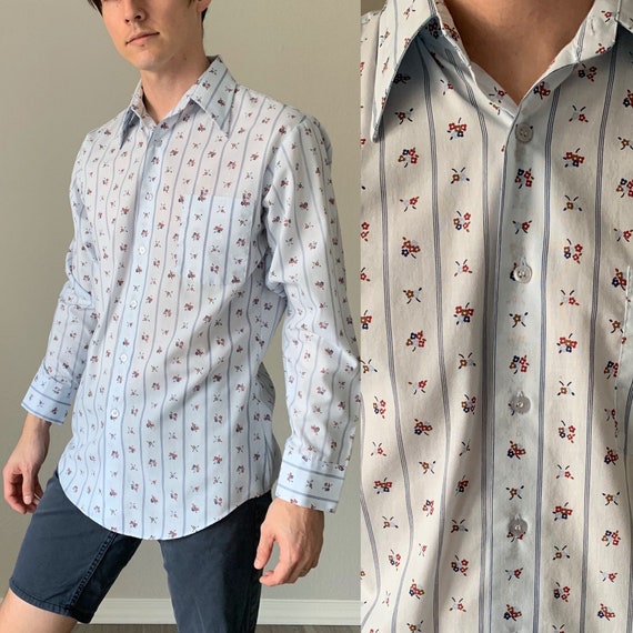 Vintage 1970s Shirt / Baby Blue Long Sleeve Button