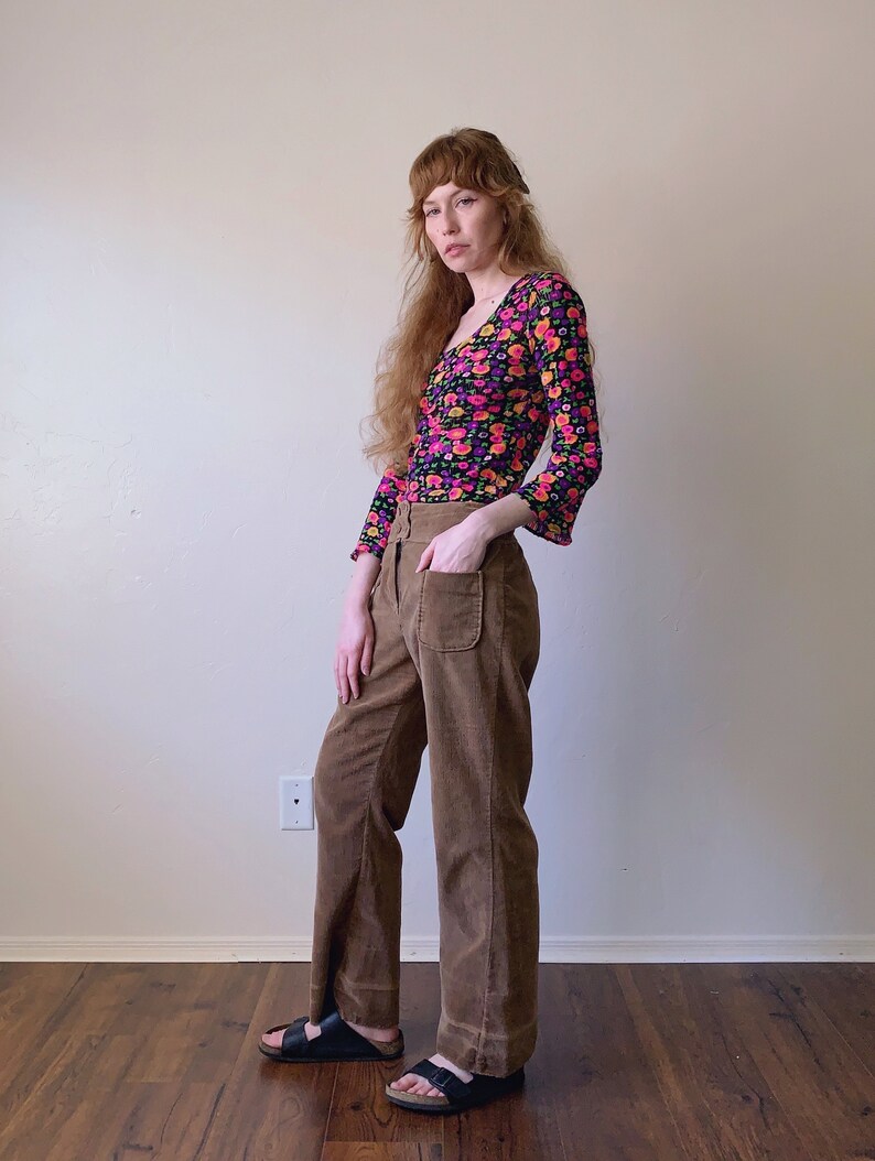 70s corduroy bell bottoms, distressed patch pocket flared leg pants, womens size medium large 31 image 3