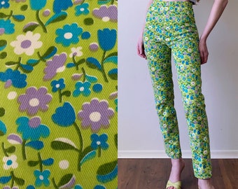 60s flower power pants, mod high waist cigarette leg denim jeans with side zip, womens size xxs