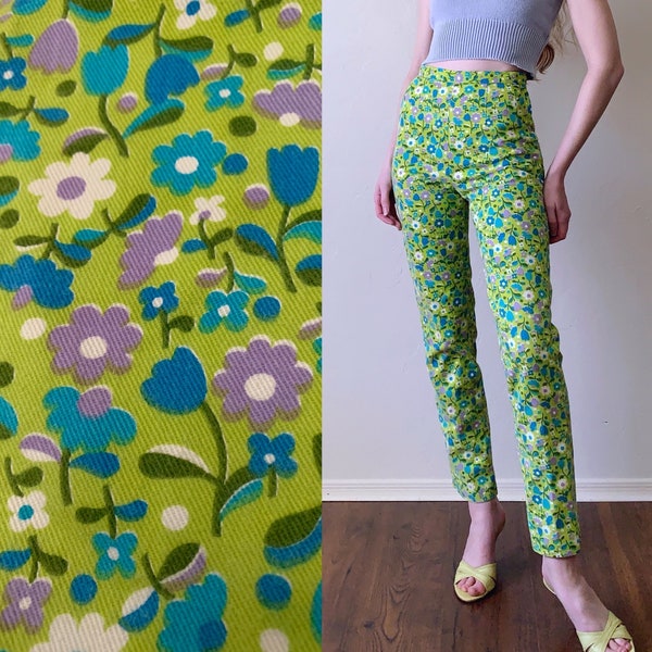 60s flower power pants, mod high waist cigarette leg denim jeans with side zip, womens size xxs