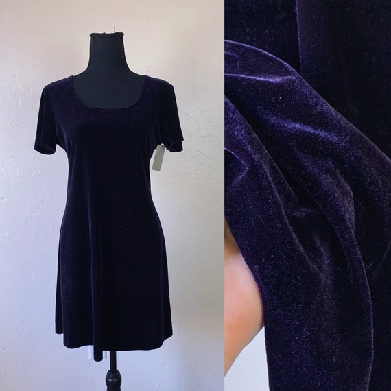 90s velvet mini dress, plum purple square necklin… - image 1
