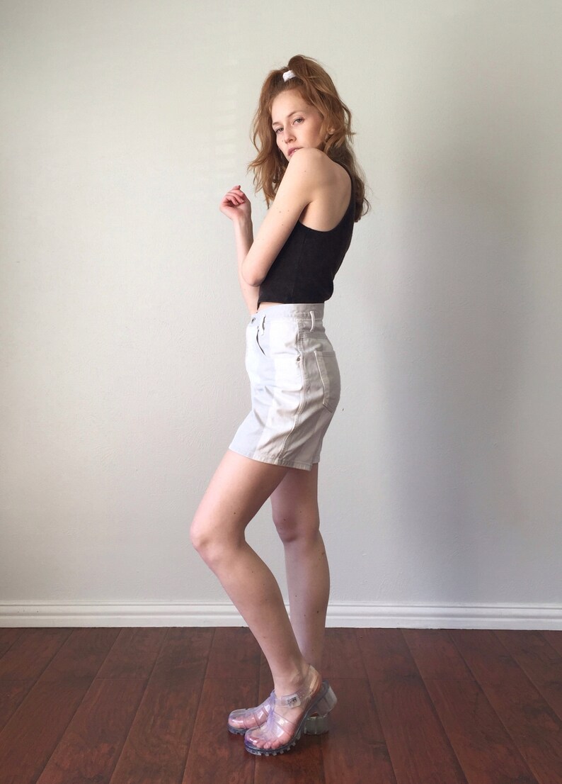 Vintage 1990s High Waisted Shorts Grey Vertical Striped Jean High Rise 90s Shorts Denim Shorts Size M Medium 27 inch Waist