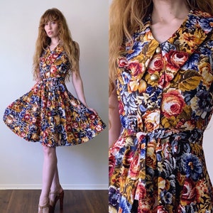 70s butterfly collar dress, rose print sleeveless full skirt skater dress, womens size medium