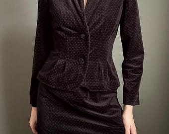 Vintage 1970s Black Velvet Mini Skirt Suit, X-Small