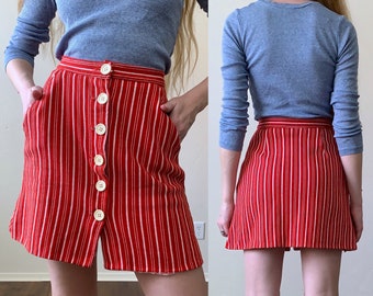 70s striped mini skirt xxs, a line high waisted button front Bobbie Brooks skirt, womens size xxs 23 inch waist