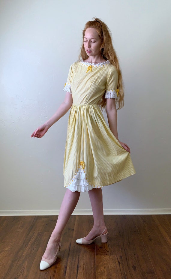 60s fit and flare party dress, striped canary yel… - image 4