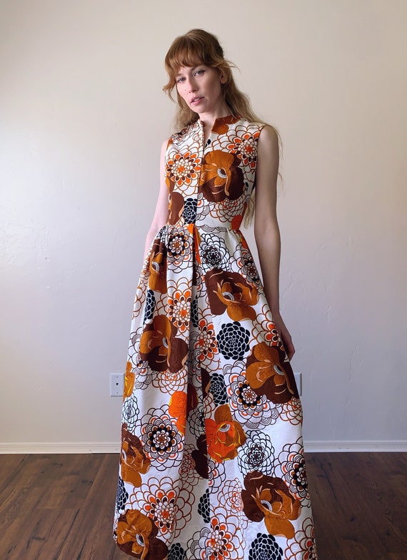 70s psychedelic floral maxi dress, textured cotto… - image 3