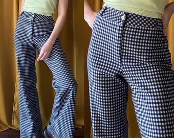 Vintage 1970s Navy Gingham Bell Bottom Pants, Size XS Small 25.5" waist