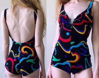 70s 80s abstract print swimsuit, avant garde squiggle pattern scoop back one piece bathing suit, womens medium large