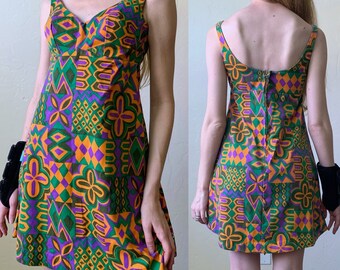 60s psychedelic mini dress XS, scoop back tank top mod shift dress,  womens size xs