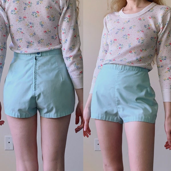 60s high waist hot pants, frost blue pin up style shorts, womens size XS small