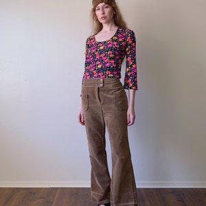 70s corduroy bell bottoms, distressed patch pocket flared leg pants, womens size medium large 31 image 2