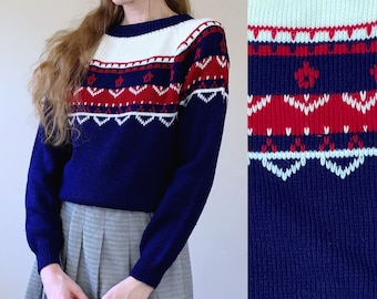 70s fair isle style sweater, blue and red crew neck  knit pullover sweater, womens size small medium