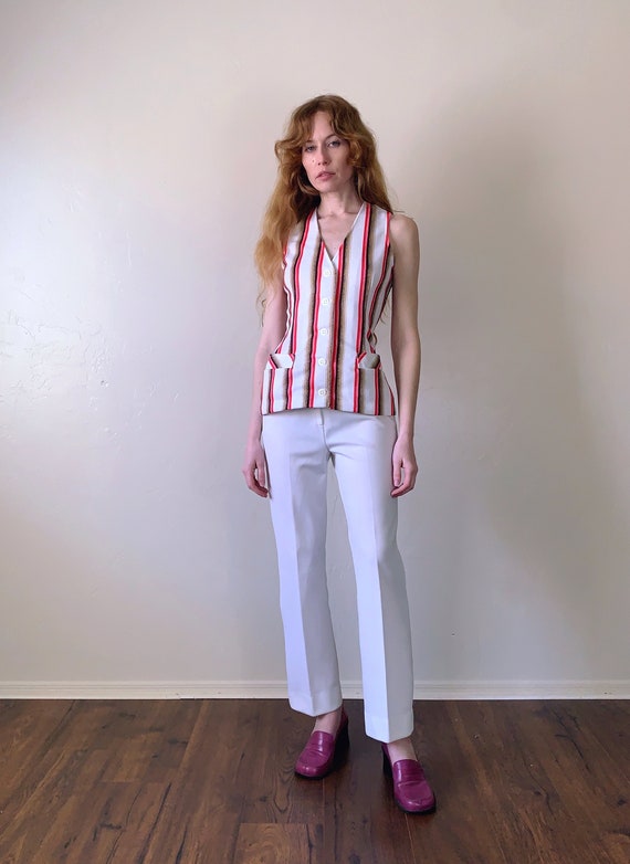 70s striped tunic top, sleeveless button down mod… - image 2