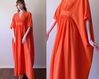 70s angel sleeve kaftan, orange dream flowy maxi dress, womens size medium