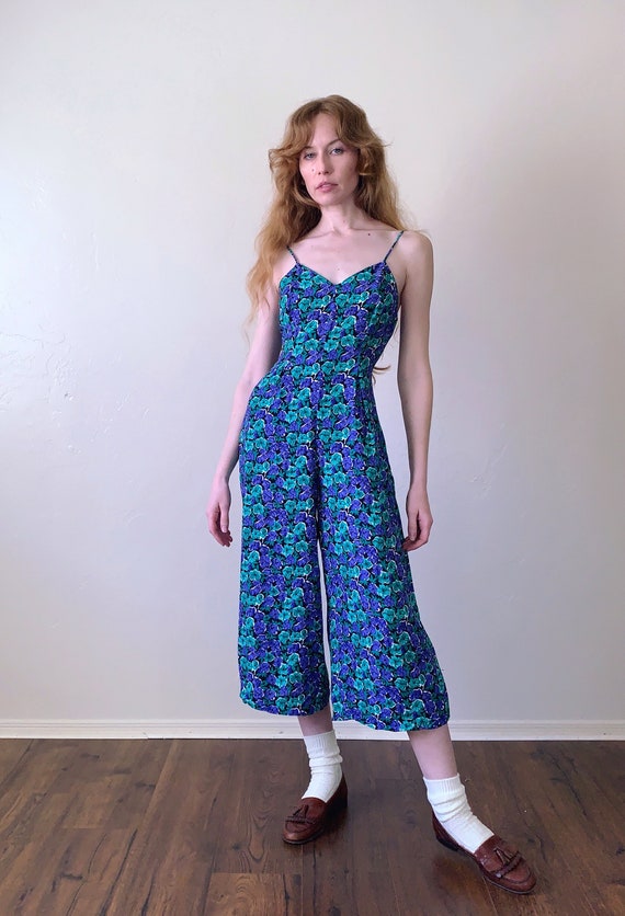 90s wide leg jumpsuit, floral sweetheart neckline… - image 2