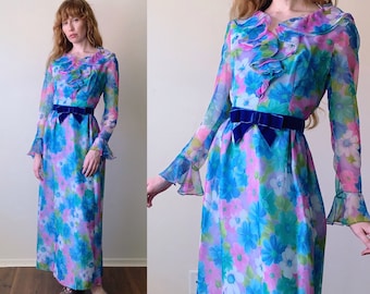 60s garden party dress, floral print chiffon ruffle neckline sheer sleeve maxi dress, womens size medium