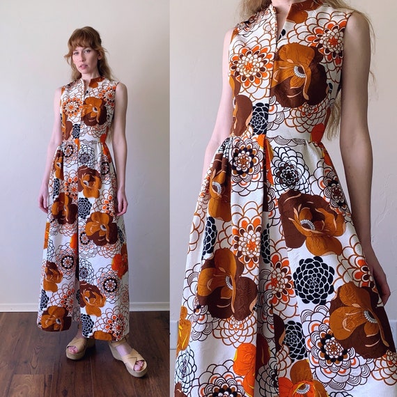 70s psychedelic floral maxi dress, textured cotto… - image 1