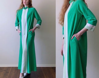 70s fleece house dress, mod mockneck kelly green maxi dress, womens size large