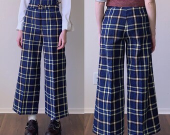 70s plaid wide leg trousers, high waist navy tartan vintage 1970s bell bottom pants, womens size xs