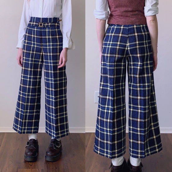 Cheap Plaid Woman Pants Vintage Wide Leg Pants Trousers Female