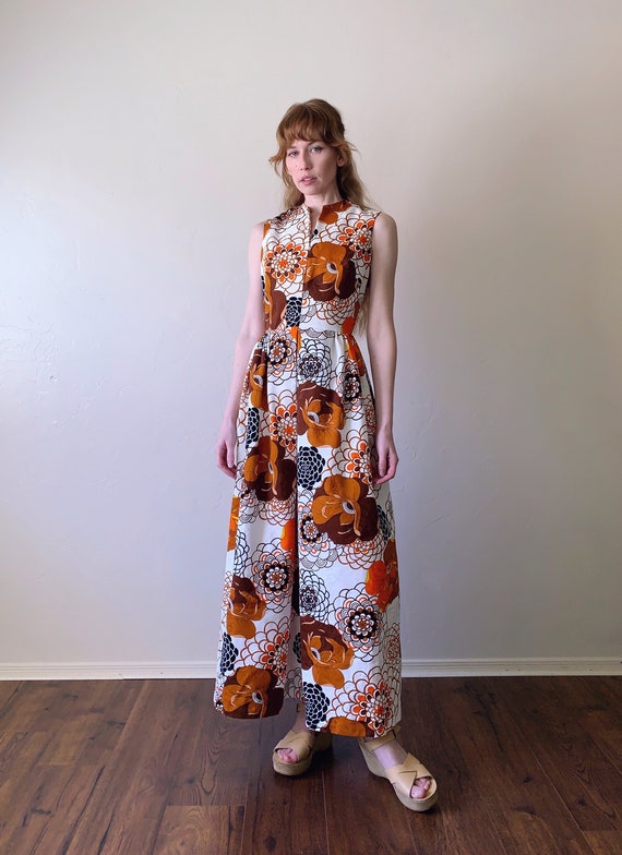 70s psychedelic floral maxi dress, textured cotto… - image 2