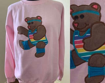 90s kitschy teddybear patch sweatshirt, rainbow aerobics work out vintage 1990s crew neck pullover sweater, womens size medium