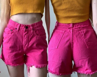 90s pink jean cut off shorts, vintage 1990s mid rise dyed denim shorts, womens size XS 24 inch waist