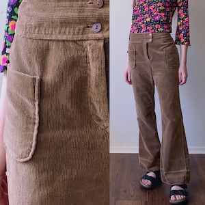 70s corduroy bell bottoms, distressed patch pocket flared leg pants, womens size medium large 31 image 1