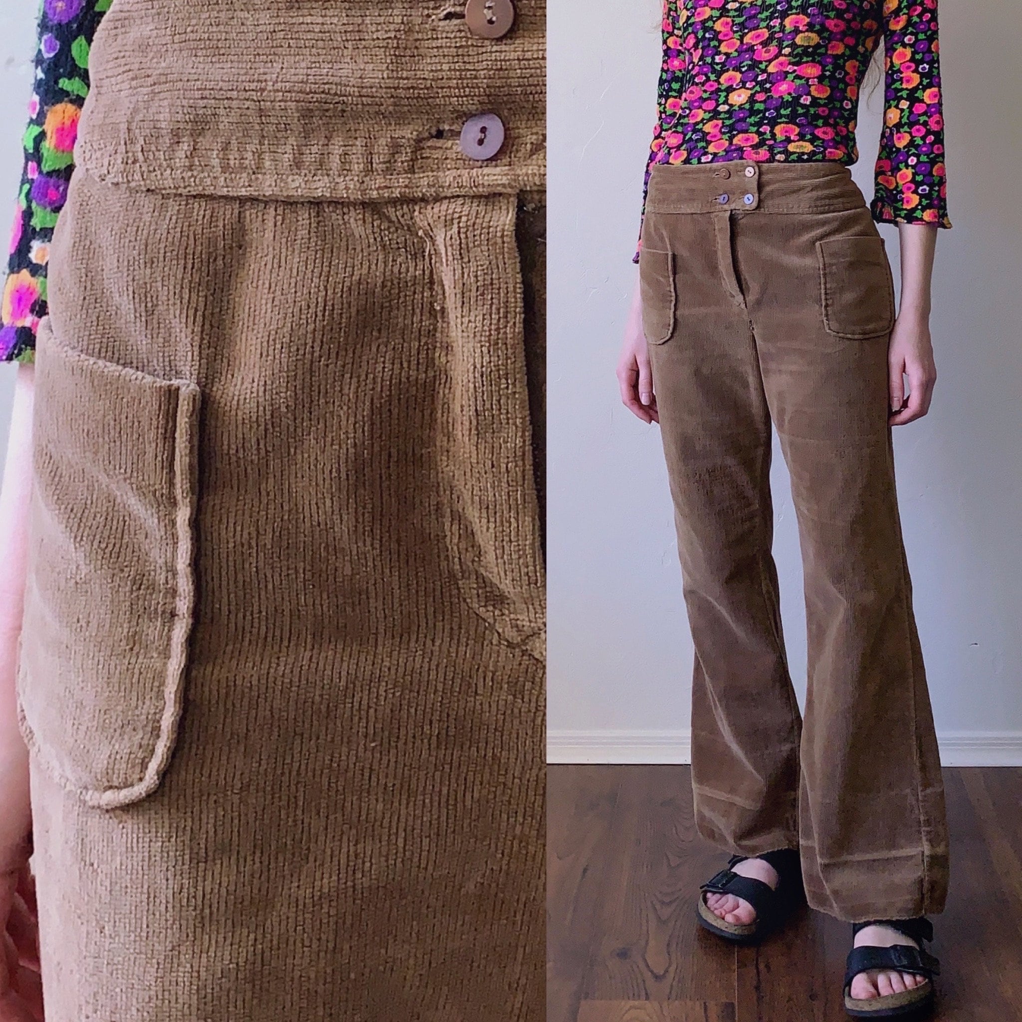 Hfyihgf Women Elegant Corduroy Flare Pants Elastic High Waist Vintage Bell  Bottom Trousers with Pockets(Army Green,S)