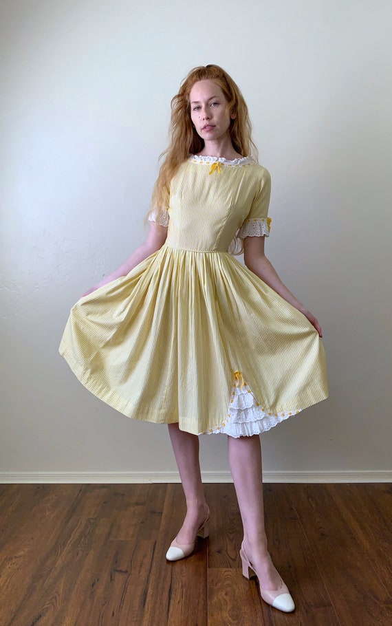 60s fit and flare party dress, striped canary yel… - image 2