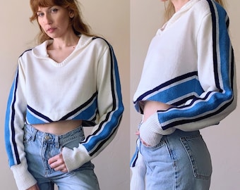 70s cheer sweater, cropped striped sleeve collared boxy fit pullover knit sweater, womens small medium