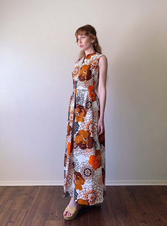 70s psychedelic floral maxi dress, textured cotto… - image 4