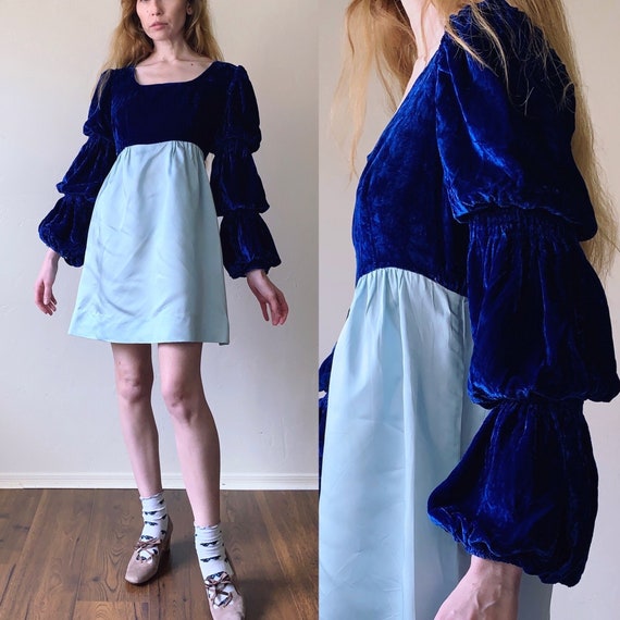 80s Royal Blue Velvet Short Sleeve Mini Dress With Bow By Marnie West