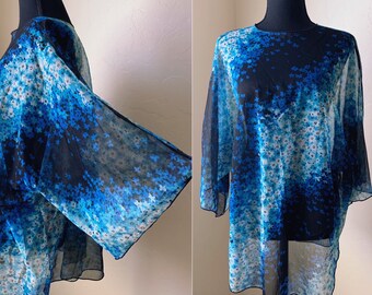 70s sheer angel sleeve blouse, NOS blue floral print groovy see thru top, womens free size