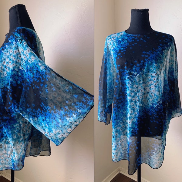 70s sheer angel sleeve blouse, NOS blue floral print groovy see thru top, womens free size