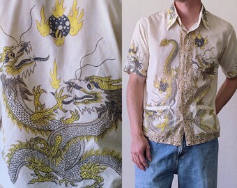 70s dragon print shirt, Java Batik butterfly collar button up short sleeve top, mens size large