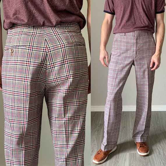 Vintage 1970s Pants / Madras Plaid Maroon Welt Poc
