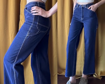 Vintage 70s N'est-ce Pas Carpenter Jeans, High Waisted Dark Wash Cotton Denim, 25.5" waist