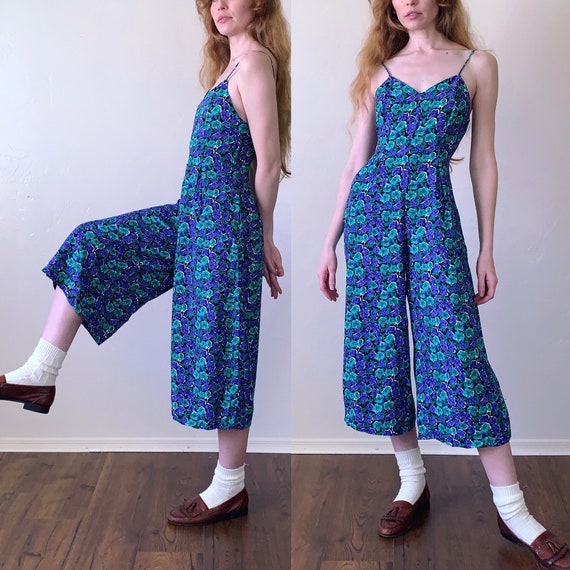 90s wide leg jumpsuit, floral sweetheart neckline… - image 1