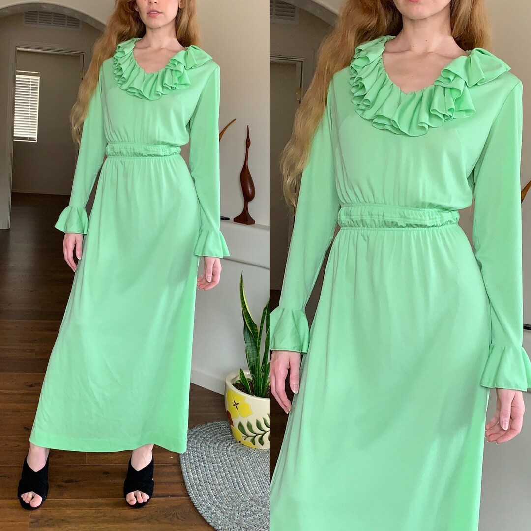 17271 Green One Sleeve Folded Collar Dress