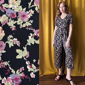 Vintage 1990s Floral Print Jumpsuit - Short Sleeve, Wide Leg Pants - Size Small
