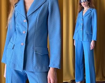 Vintage 1970s Pant Suit Blue Two Piece Set, Flared Pants Outfit, Size Medium