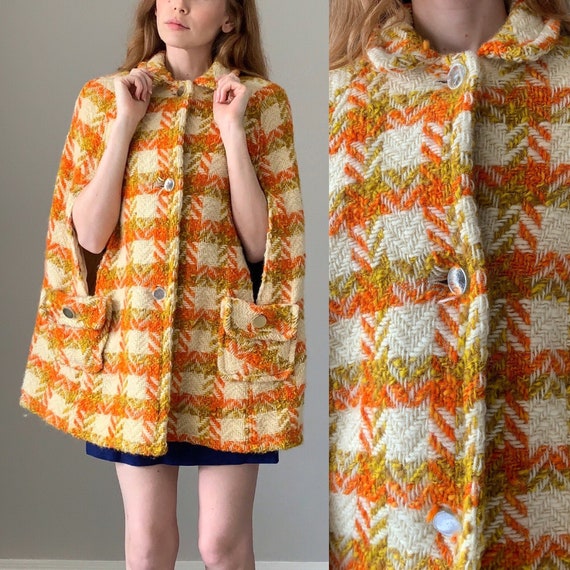 Vintage 1960s Coat / Woven Plaid Peter Pan Collar