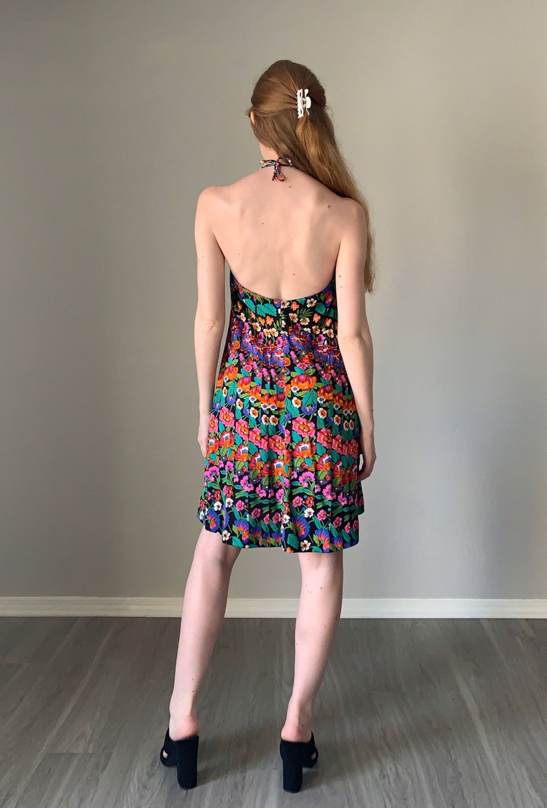Vintage 1970s Dress Floral Print Halter Top 70s Dress Trippy Psychedelic Pattern 70s Trapeze Dress Size XS