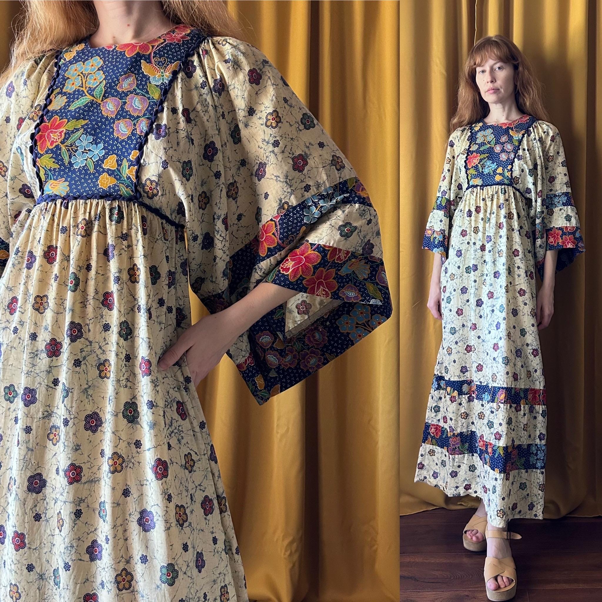 Vintage 1970s Young Innocent Batik Floral Print Bell Sleeve Maxi 