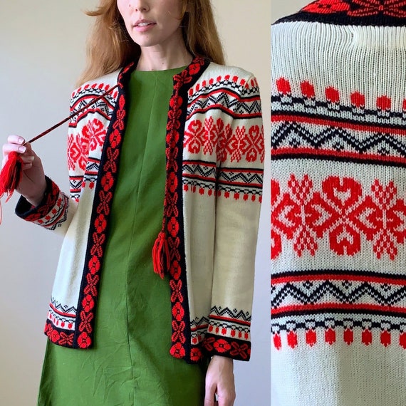 60s Nordic style knit cardigan, heart pattern tie… - image 1