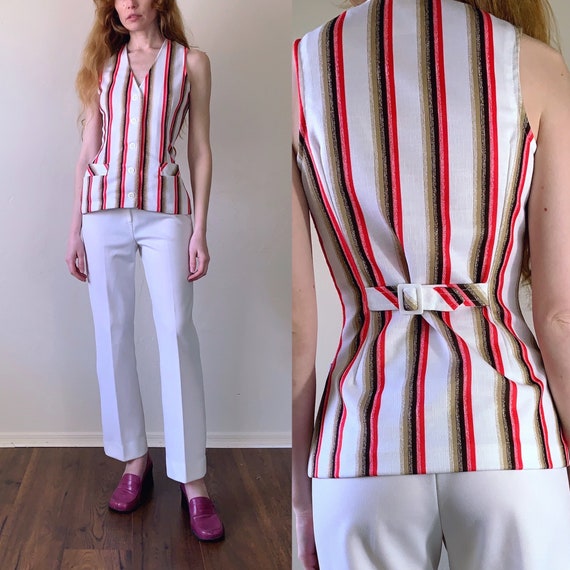 70s striped tunic top, sleeveless button down mod… - image 1
