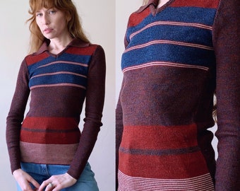 70s wide collar striped sweater, space dyed long sleeve knit pullover sweater, womens size small