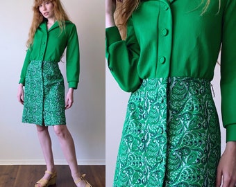 70s groovy paisley dress, kelly green mod long sleeve shirtdress, womens size large